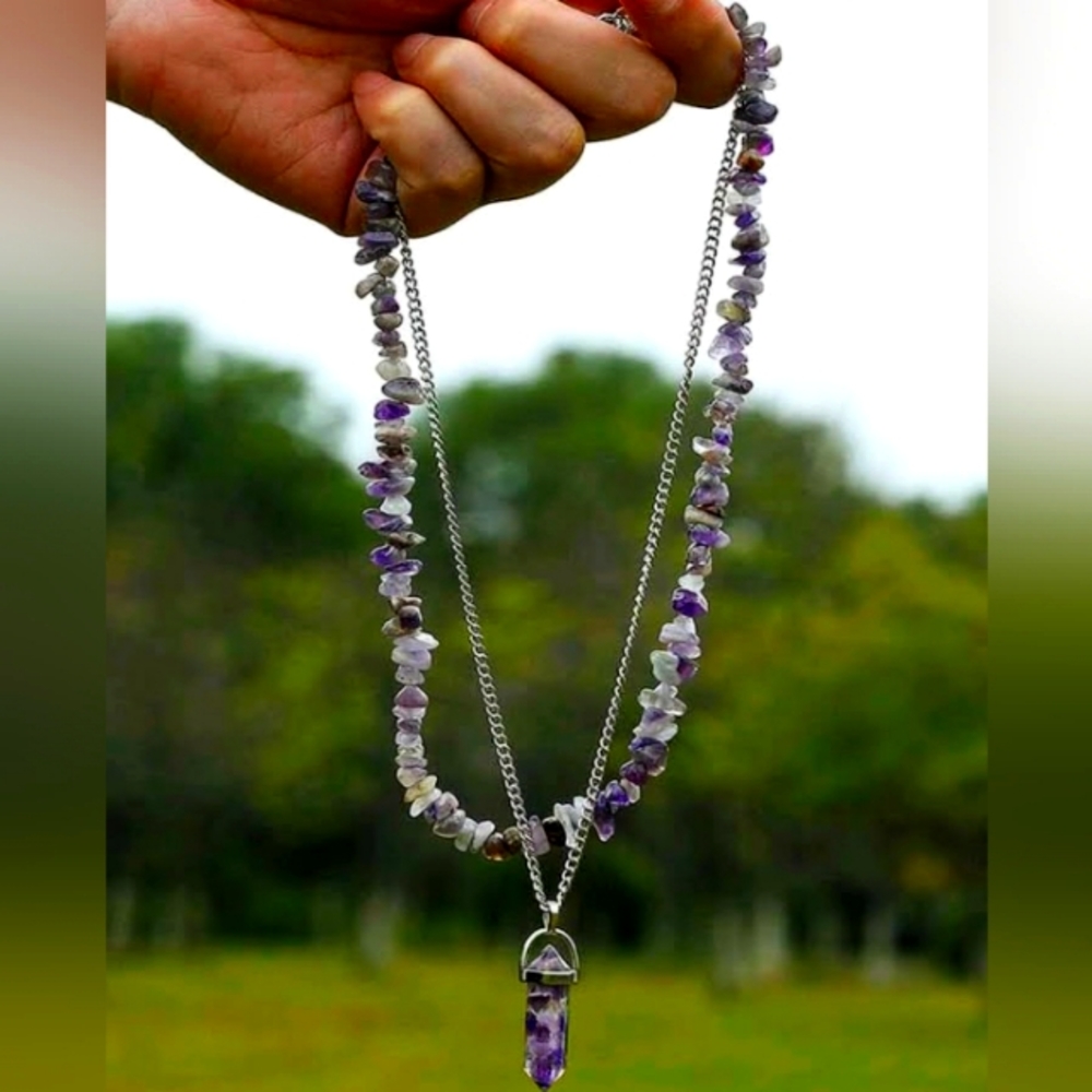 NEW AMETHYST BOHO NECKLACE AND CRYSTAL NECKLACE SET